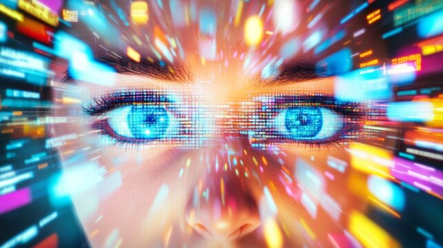 Faced with a flood of colorful information, a person's expression shows distress from digital overload, brain rot concept