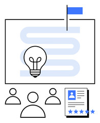 Lightbulb on a roadmap with a goal flag, four user icons, and a ranked profile document. Ideal for teamwork, innovation, business strategy, goal planning, recruitment, leadership abstract line flat