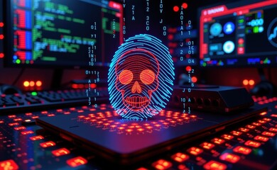 A futuristic cyber security concept featuring a glowing red skull, digital fingerprint scan, and floating numerical data, symbolizing hacking, cyber threats, and digital identity breaches.