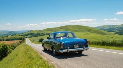 Fototapeta premium Classic Blue Vintage Car on Scenic Country Road Under Bright Sunlight