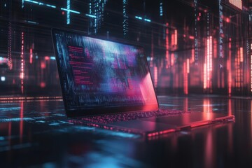 futuristic technology concept featuring translucent laptop displaying holographic data visualization, surrounded by floating analytics graphs and binary code