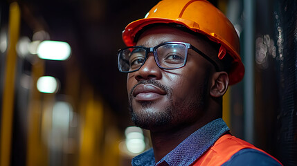 Confident construction worker in safety gear at night