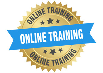 online training. online training round blue and gold label isolated on transparent background