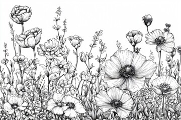 Detailed black and white illustration of various flowers in a garden setting with intricate details