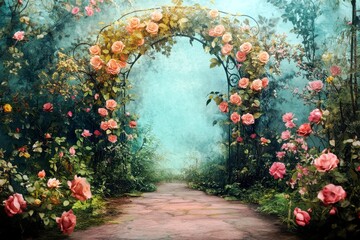 Fototapeta premium Serene Garden Pathway with Blooming Roses and Lush Greenery Under Soft Blue Misty Sky Surrounded by Flourishing Plants and Delicate Flowers