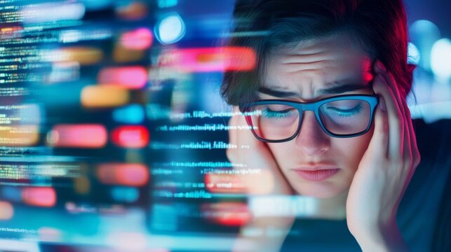 Hands reflect fatigue from digital overload and constant notifications across multiple screens, digital burnout concept