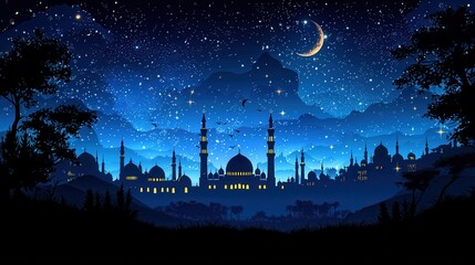 Serene Nightscape: Starlit City Under Crescent Moon in Pixel Art Style
