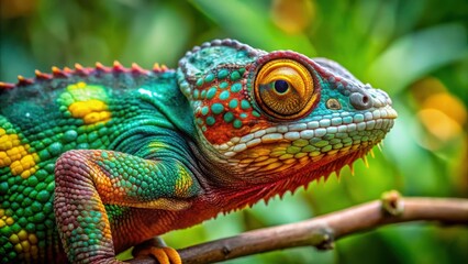 Obraz premium The Ambanja Panther Chameleon perches on a branch with its vibrant green scales and yellow eyes, blending into the lush rainforest foliage , green, animal
