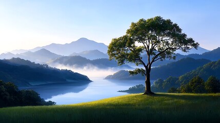 Solitary Tree on Hillside Overlooking Misty Mountain Lake at Sunrise