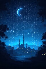 Serene Nightscape with Crescent Moon and Shooting Stars over a City