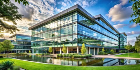 Modern corporate headquarters building with sleek glass facade and lush greenery, green space, architecture