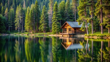 Fototapeta premium A cozy and inviting rustic cabin nestled among the trees in a secluded forest surrounded by tall pine trees and overlooking a peaceful lake , seclusion, nature