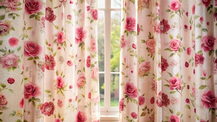 A delicate rose-patterned curtain with a floral design in shades of pink and red
