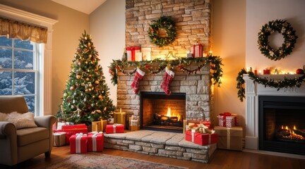 Fototapeta premium Cozy Christmas Living Room with Lit Fireplace and Decorated Tree