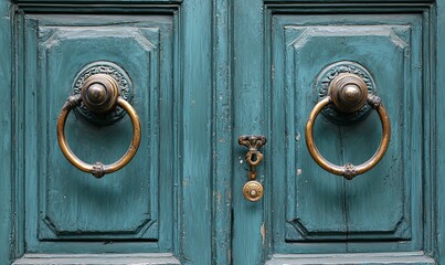 Antique teal double door with brass ring knockers, keyhole, and weathered wood panels