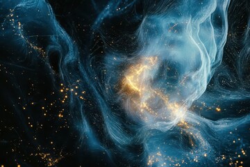 global digital network visualization with interconnected nodes glowing in deep space, data streams flowing through crystalline geometric patterns