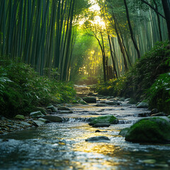 Fototapeta premium Landscape of stream or river in Asian bamboo forest with morning sunlight