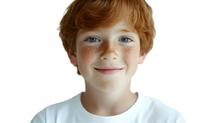 Smiling Redhead Boy: A cheerful young boy with bright blue eyes and a scattering of freckles smiles warmly at the camera. His vibrant red hair adds to his charming and expressive features. 