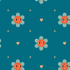 cute color pattern with cartoon funny flowers on a blue background
