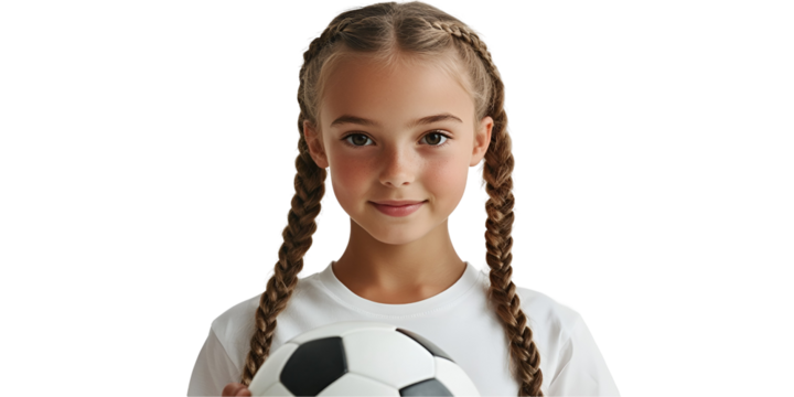 Young Girl with Soccer Ball: A charming young girl with long brown braids smiles confidently, holding a soccer ball close to her chest. Her expression radiates enthusiasm and a love for the sport.