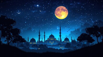 Naklejka premium Serene Nighttime Cityscape Under a Vibrant Full Moon and Starlit Sky