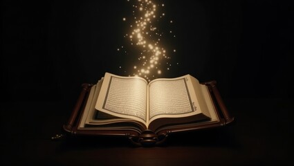 Quran with golden light, black background