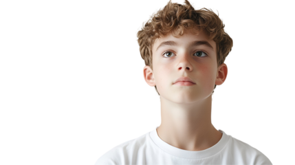 Youthful Pensiveness: A portrait of a young boy with curly light brown hair, gazing thoughtfully upward, conveying a sense of curiosity and contemplation.