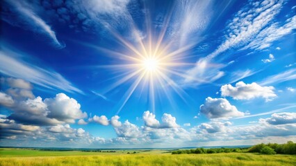 Obraz premium Warm rays of sunshine illuminate a vast expanse of brilliant blue sky on a clear summer day, casting a gentle glow over the landscape, sun rays, sunny day