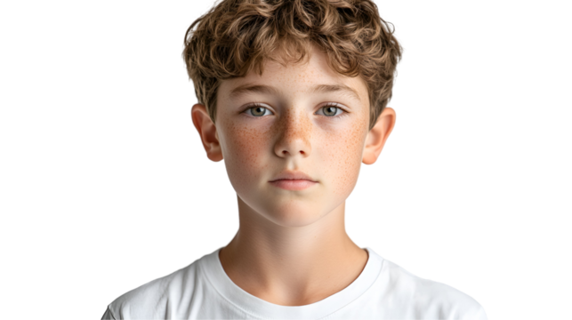 Youthful Pensiveness: A portrait of a young boy with curly light brown hair and fair skin, his expression conveying a thoughtful and pensive mood.