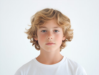 Youthful Gaze: A young boy with golden blond curls stares directly at the camera, his piercing blue eyes conveying a mix of innocence and maturity.