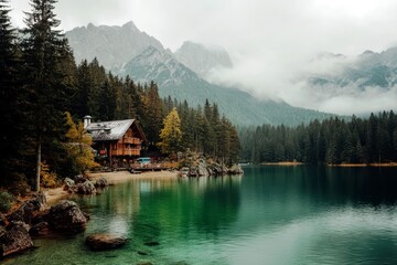 Naklejka premium Serene Lake with Mountain View and Rustic Cabin Surrounded by Lush Forest Under a Misty Sky in Autumn Season, Tranquil Nature Retreat