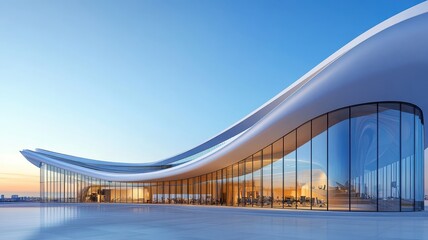 Obraz premium Modern office building with sleek architecture and expansive glass windows reflecting the urban skyline.