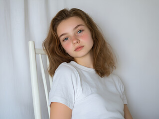 Naklejka premium Subtle Elegance: A young woman with soft, natural beauty and a captivating gaze gazes wistfully, her expression hinting at a quiet introspection, evoking a sense of serenity and grace. 