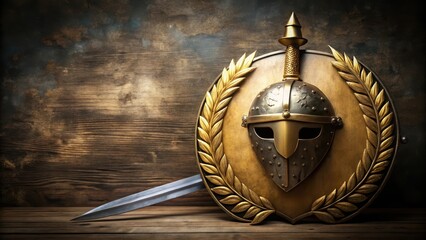 Golden shield with laurel wreath on medieval warrior helmet, military, sword,  military, sword, medieval warrior