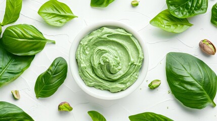 Obraz premium Homemade Green Cosmetic Facial Mask with Natural Ingredients, Pistachios, and Basil, Top View