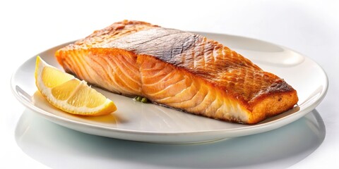 Crispy golden brown salmon fillet on a white plate, fried salmon, cooking perfection