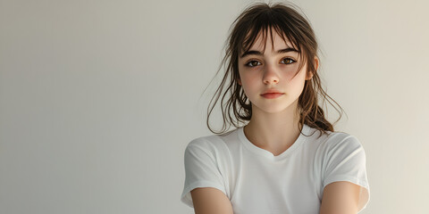 Serene Gaze: A young woman with dark brown hair and bangs, wearing a simple white t-shirt, gazes directly at the camera with a calm and serene expression.  Her features are soft and natural.
