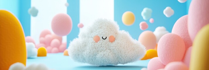 Fluffy cloud resembling animal shapes in a bright, childlike setting