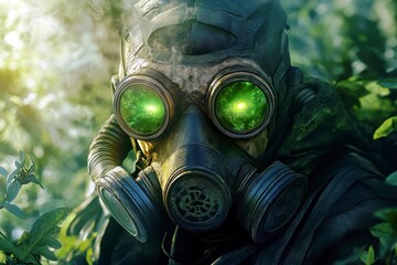 Mysterious figure wearing a gas mask with glowing green eyes surrounded by lush vegetation in a surreal, post-apocalyptic environment