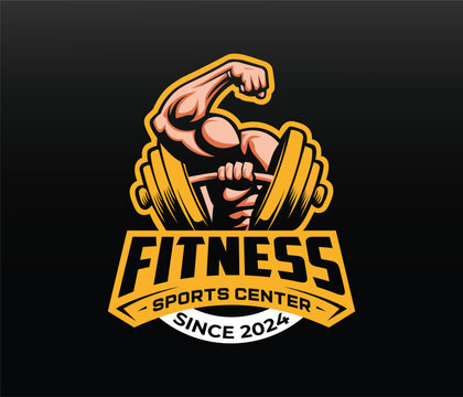 Powerful bodybuilding and fitness gym logo design, featuring muscular arm flexing bicep and triceps with dumbbell, label, emblem, badge, or branding design in retro, vintage style. Vector illustration