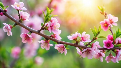 Obraz premium Unfurling peach blossoms on a lush tree branch , greenery, nature