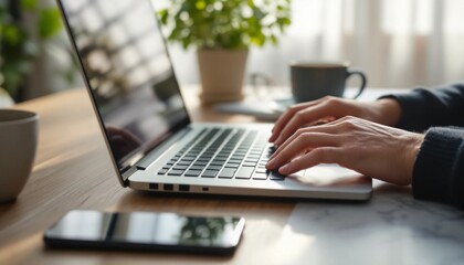 Hands Typing on Laptop in Bright Workspace with Coffee and Remote Work Concept