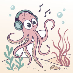 octopus and listening to music with headphones in its ears