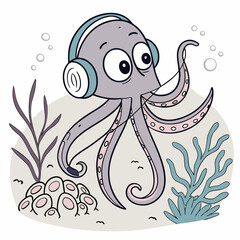 octopus and listening to music with headphones in its ears