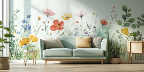 Fresh wallpaper with abstract meadow flowers in a calming yoga retreat