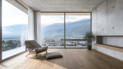 Fototapeta premium Open-concept loft with smooth concrete walls, wood flooring, and a comfy cloth chair positioned near the expansive window