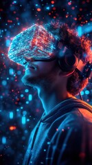 Immersive virtual reality experience with futuristic headset and neon lights