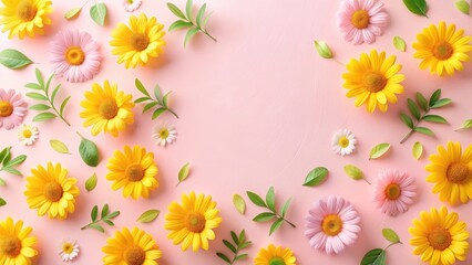 Soft pastel pink background with scattered yellow daisies and a few green leaves, nature, garden scene