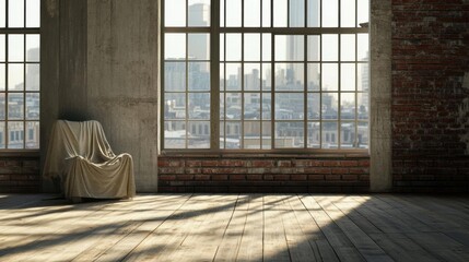 Open-plan loft with minimalist concrete walls, a wooden floor, and a cloth chair near the large window; a calm, inviting space.