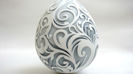 Ornate Easter egg with detailed scrollwork designs, displayed against a pristine white backdrop for modern simplicity.
